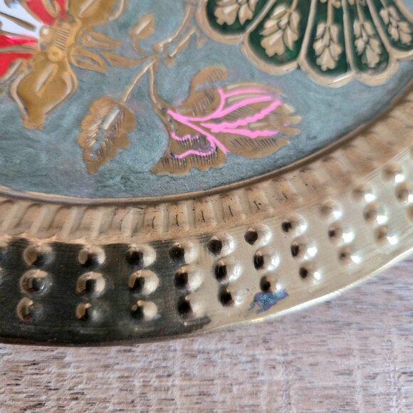 Vintage Brass Round Serving Tray with Enamel Peacock and Flowers Design. - Picture 5 of 6